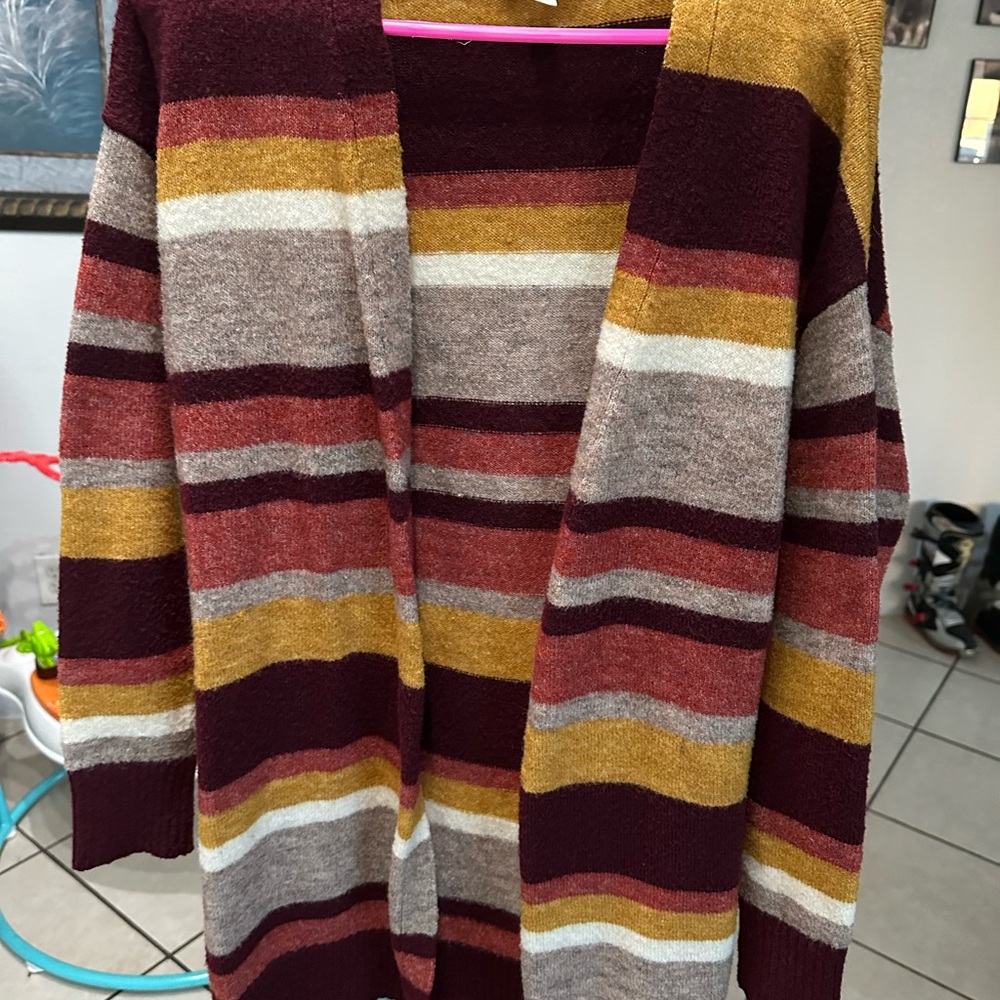 Time and Tru Burgundy Mustard Striped Cardigan